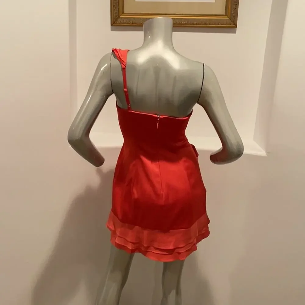 Bcbgmaxazria “ Jonesy” Coral One Shoulder Mini Ruffled Dress Size 4 BNWOT